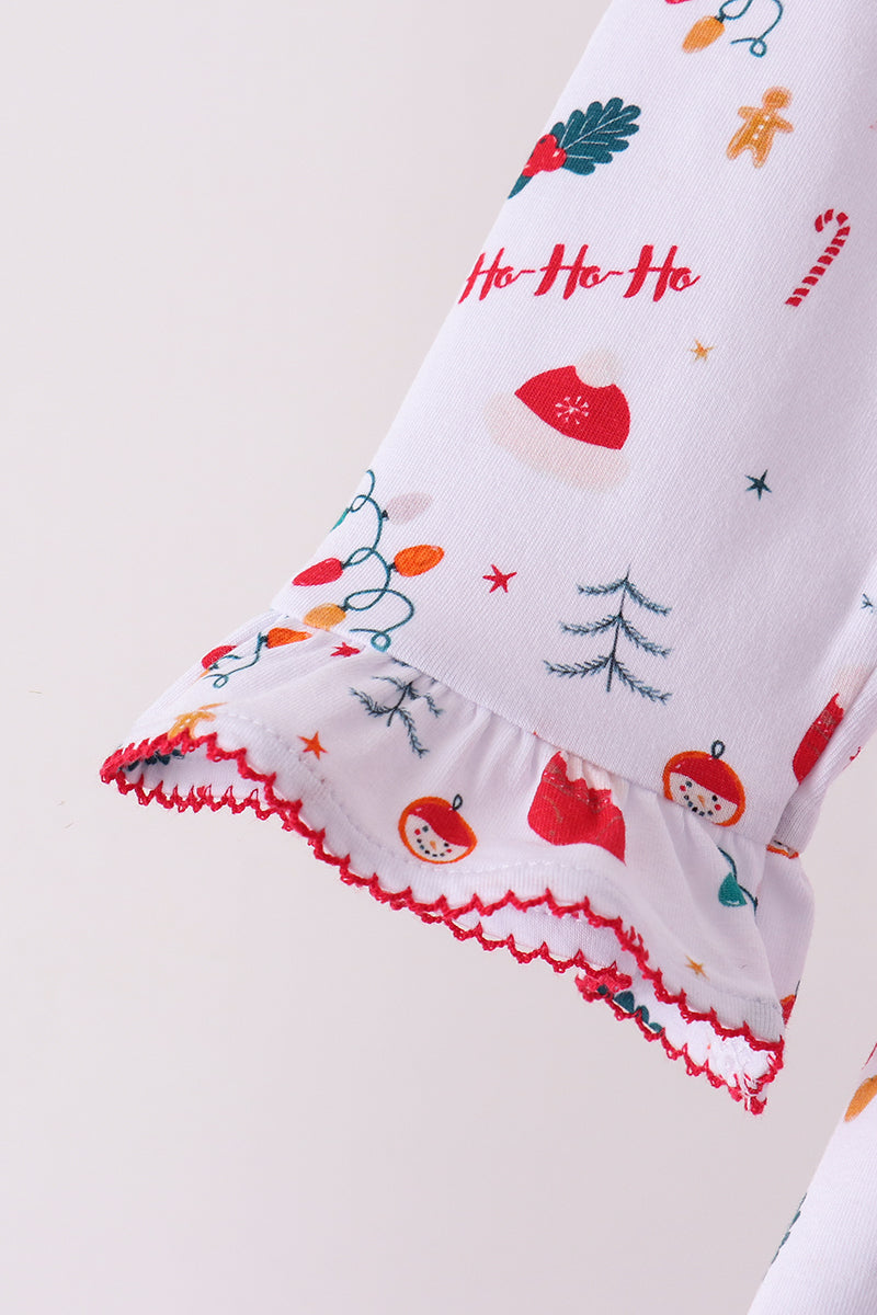 Red holly print ruffle pants set
