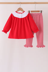 Red christmas tree embroidery ruffle pants set
