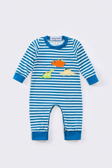 Blue stripe dinosaur applique boy romper