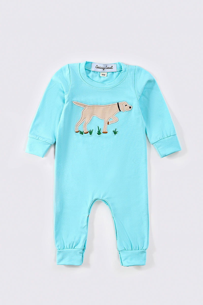 Blue dog applique boy romper