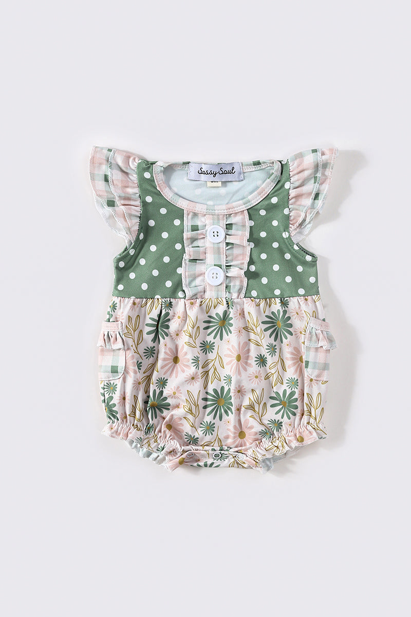 Green floral print girl ruffle dot bubble