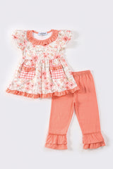 Coral floral print girl set