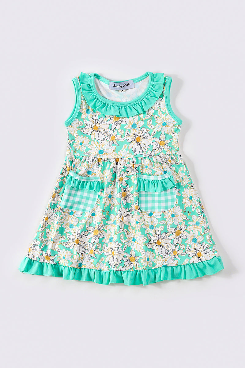 Green floral print girl dress