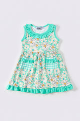 Green floral print girl dress