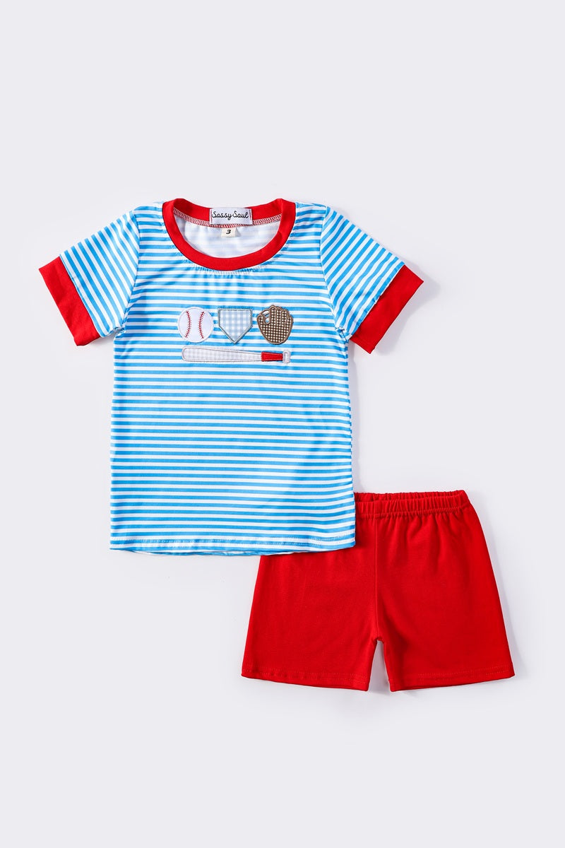 Blue stripe baseball applique boy set