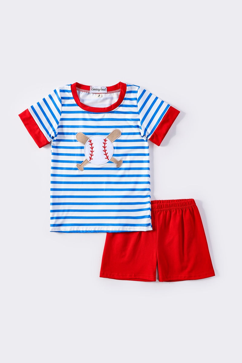 Blue stripe baseball applique boy set