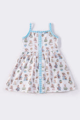 Blue bunny print girl ruffle dress