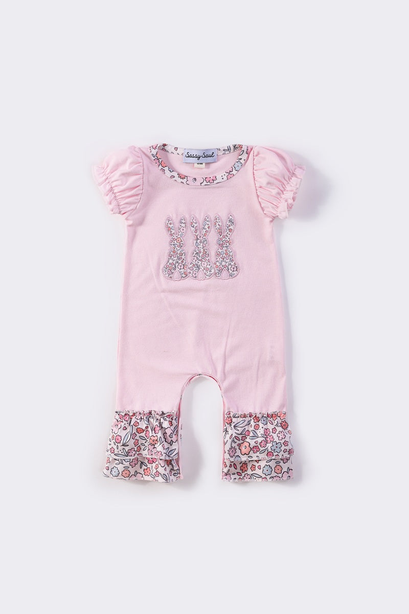 Pink bunny applique floral girl romper