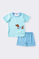 Blue stripe puppy applique boy set