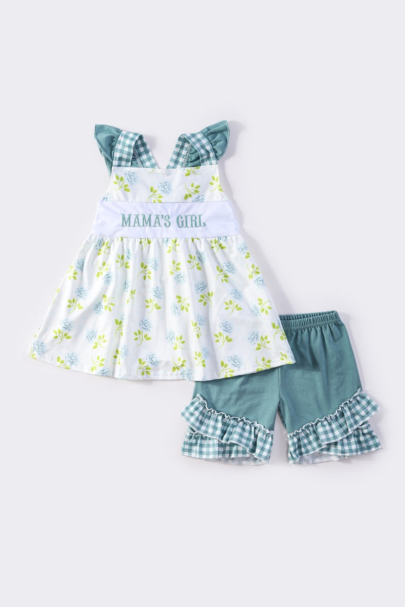 Teal floral print MAMA'S GIRL embroidery set