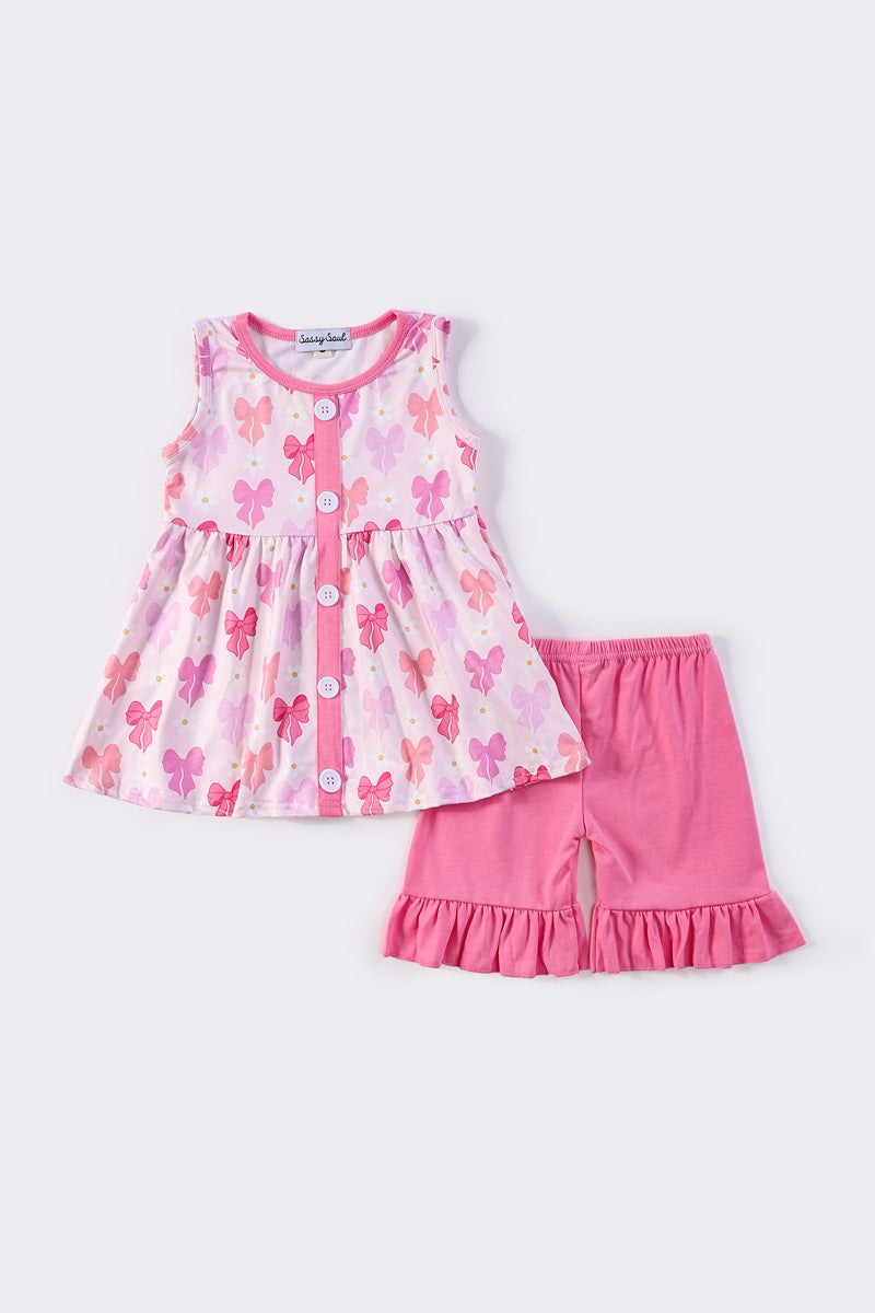 Pink bow print girl shorts set