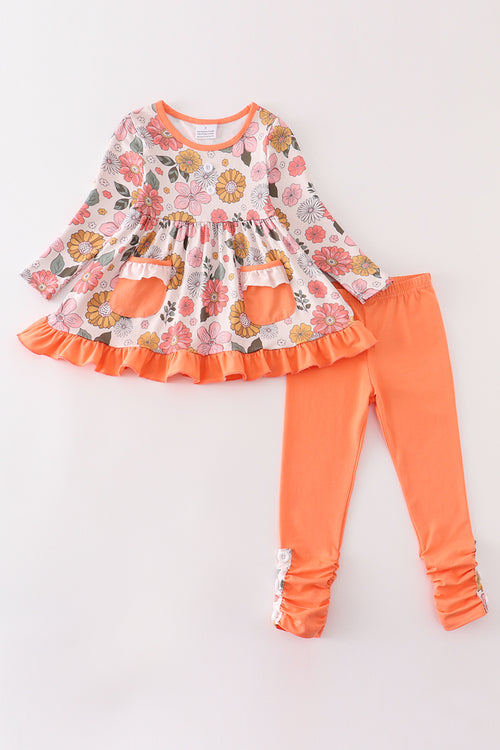 Orange floral print ruffle girl set