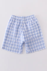 Blue seersucker gingham boy swim trunks