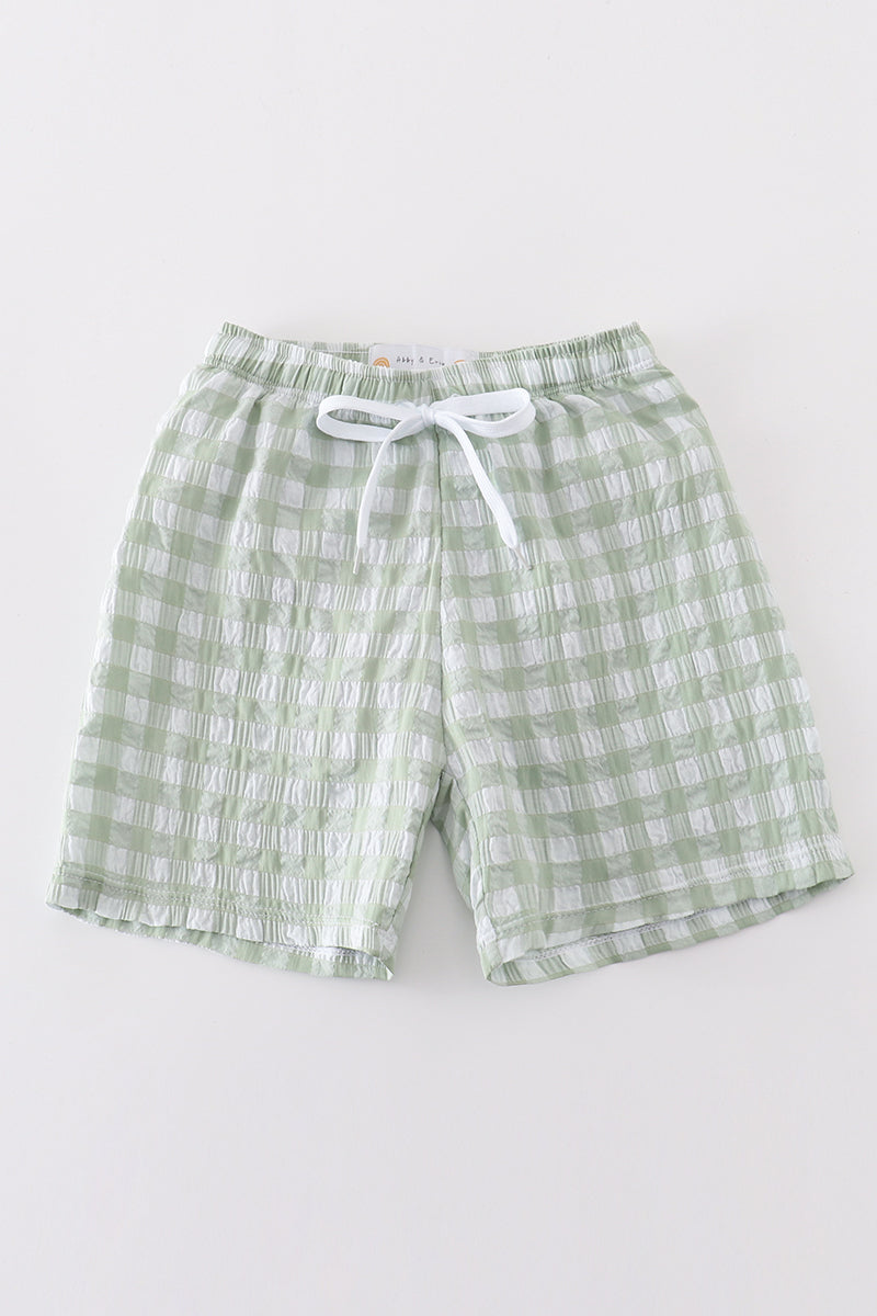 Green seersucker gingham boy swim trunks