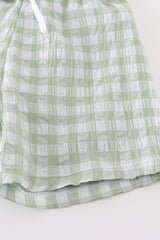 Green seersucker gingham boy swim trunks