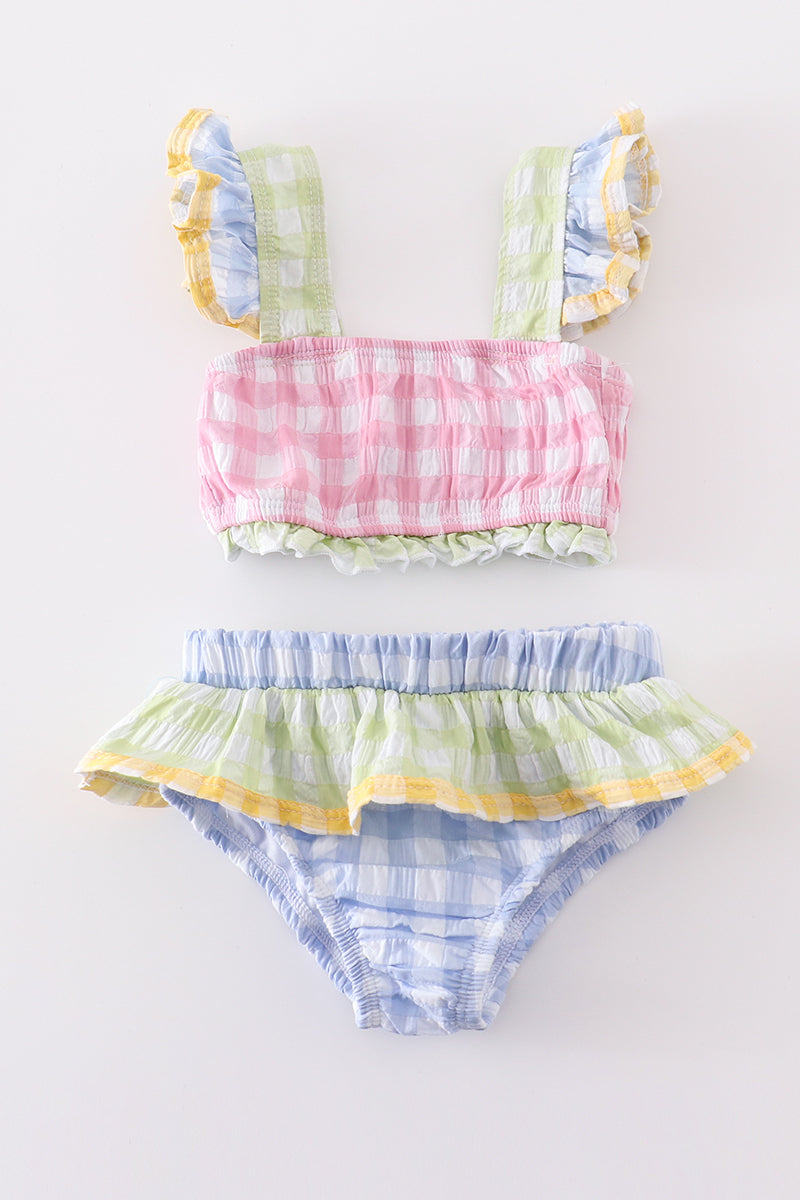 Multicolored gingham 2pc girl swimsuit