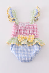 Multicolored gingham one-piece girl swimsuit