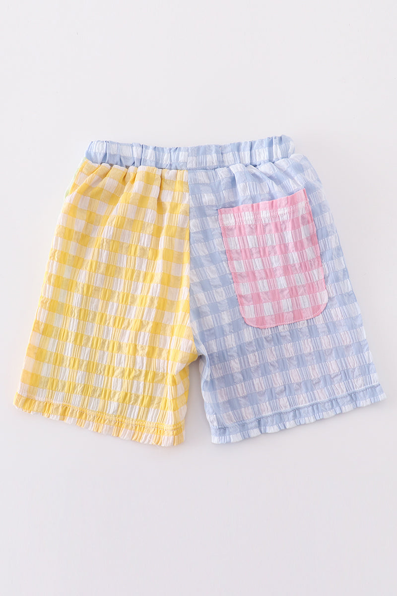 Multicolored gingham boy swim trunks