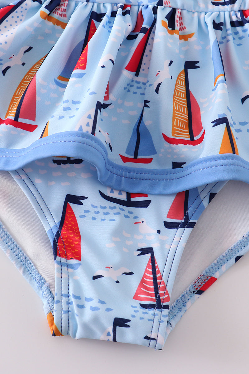 Blue sailboat print girl swimsuit