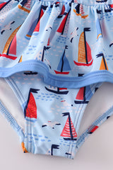 Blue sailboat print girl swimsuit