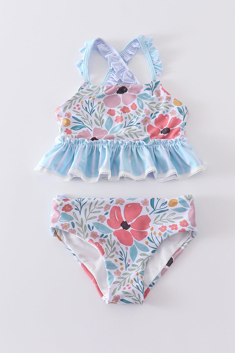ZIZOCWA 2 Piece Swimsuit for Women 2Pcs Bikini Set Long Sleeve Floral Print  Crop Top With Briefs Summer Beach Swim Outfits Ladies Split Sunscreen
