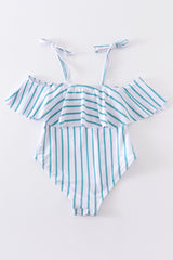 Blue stripe strap girl swimsuit one piece UPF50+