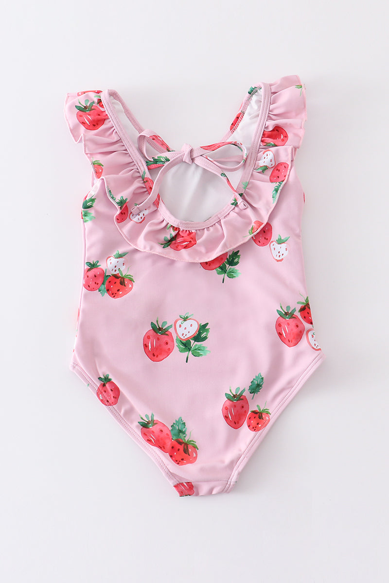 Pink strawberry print ruffle girl swimsuit UPF50+ – Honeydewusa