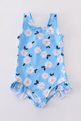 Blue daisy print one-piece girl swimsuit UPF50+