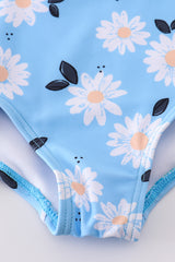 Blue daisy print one-piece girl swimsuit UPF50+