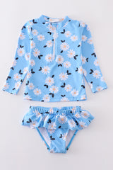 Blue daisy print 2pc girl swimsuit UPF50+