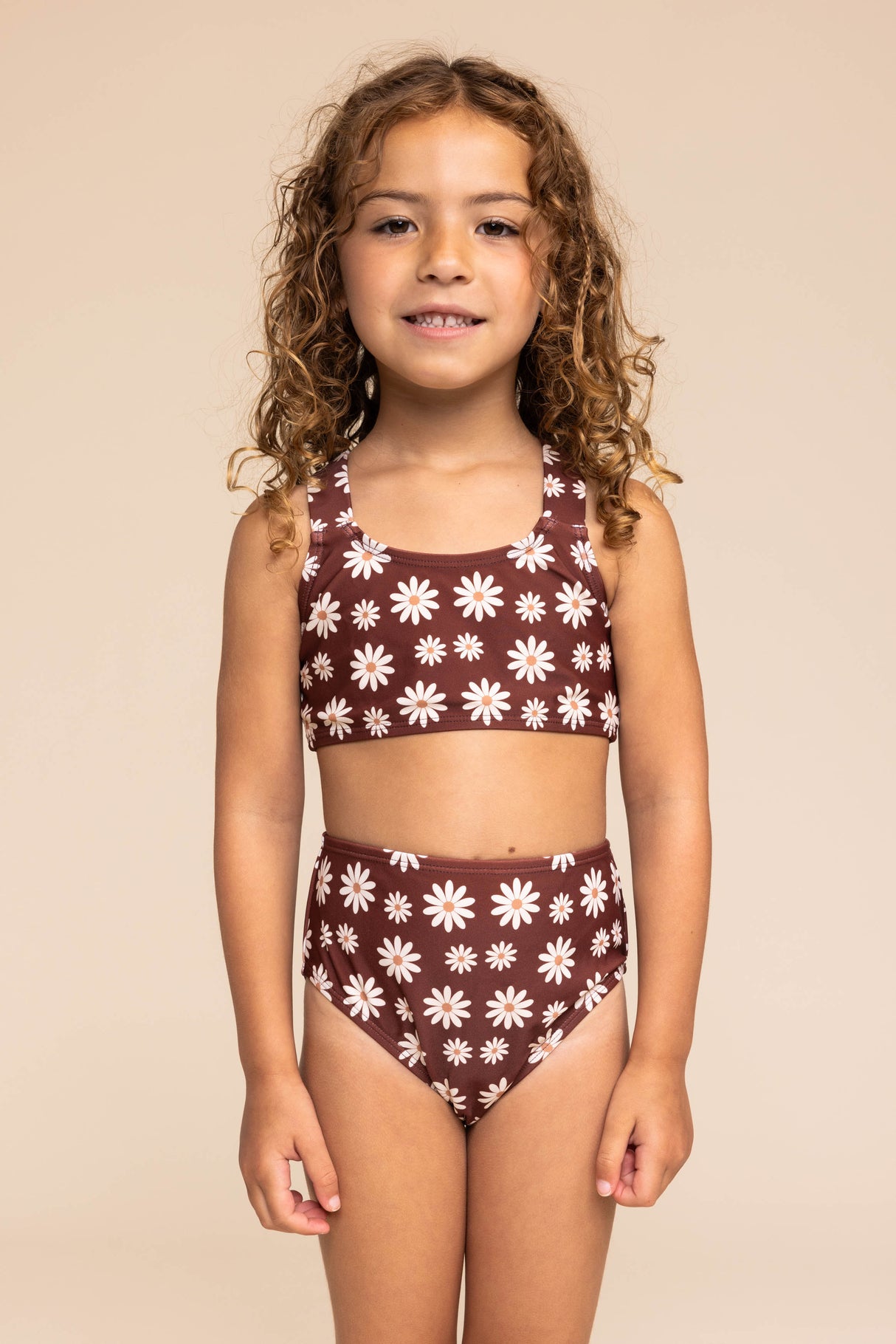 Brown daisy print 2pc swimsuit (size run small, go up 1-2 sizes)