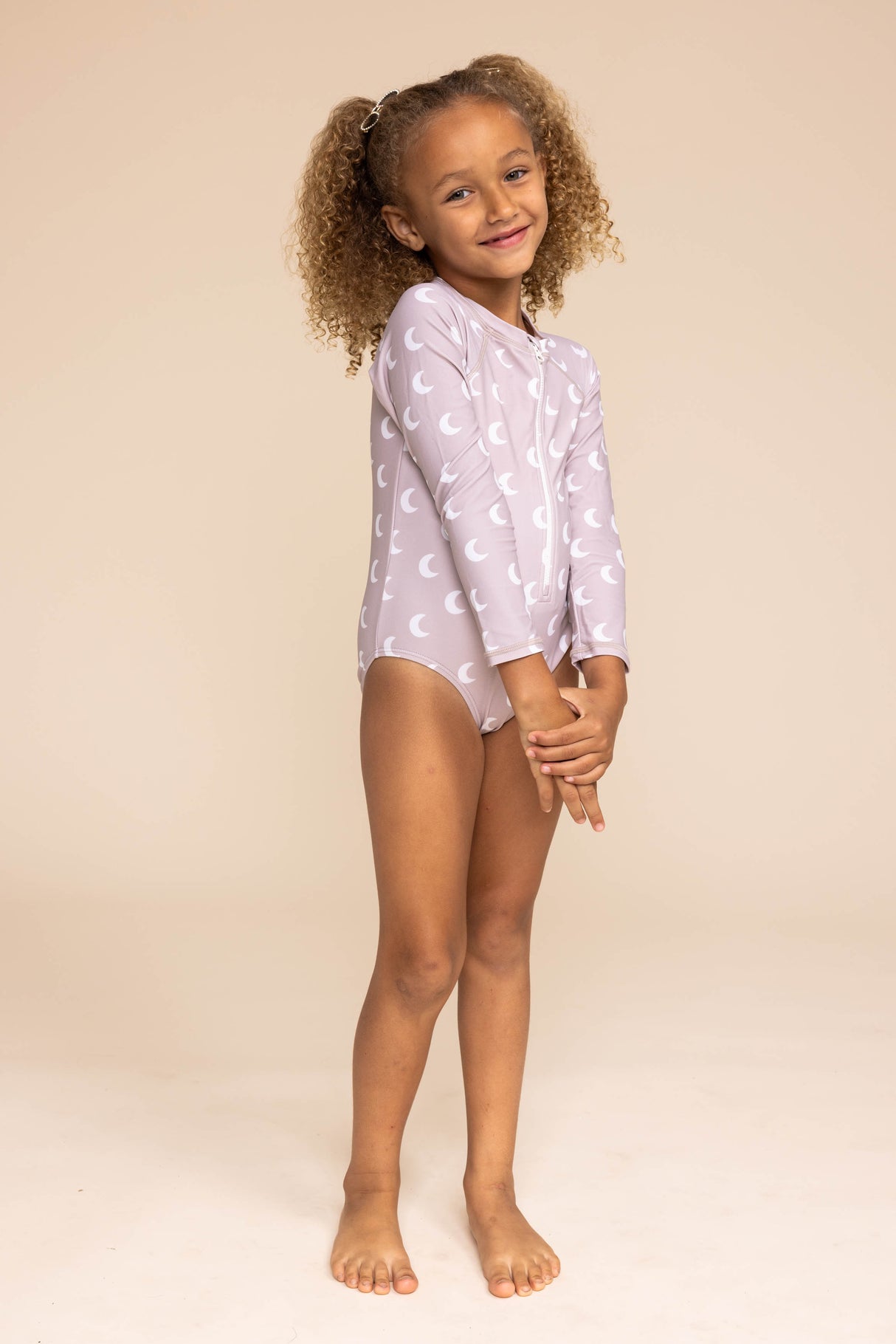 Moon print zip rashguard girl swimsuit