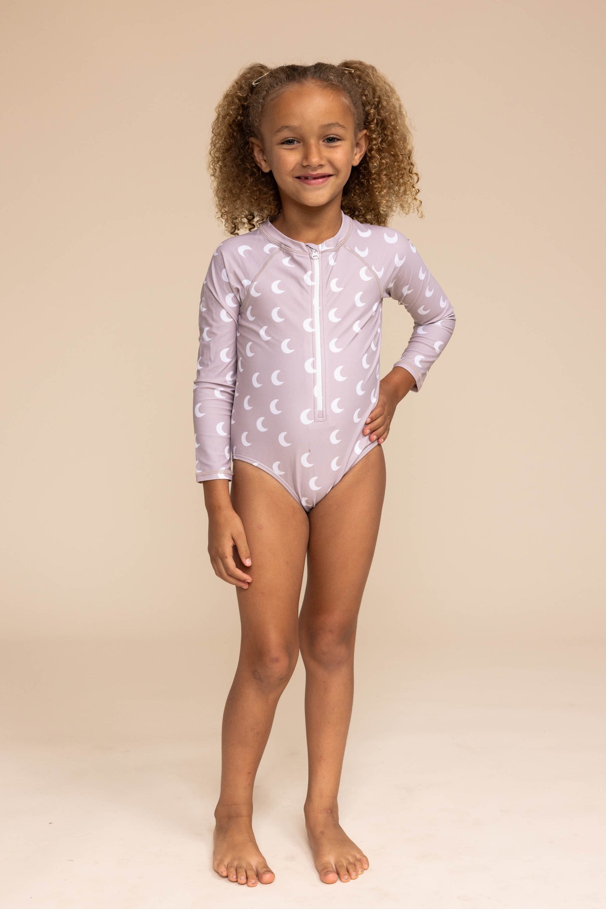 Moon print zip rashguard girl swimsuit