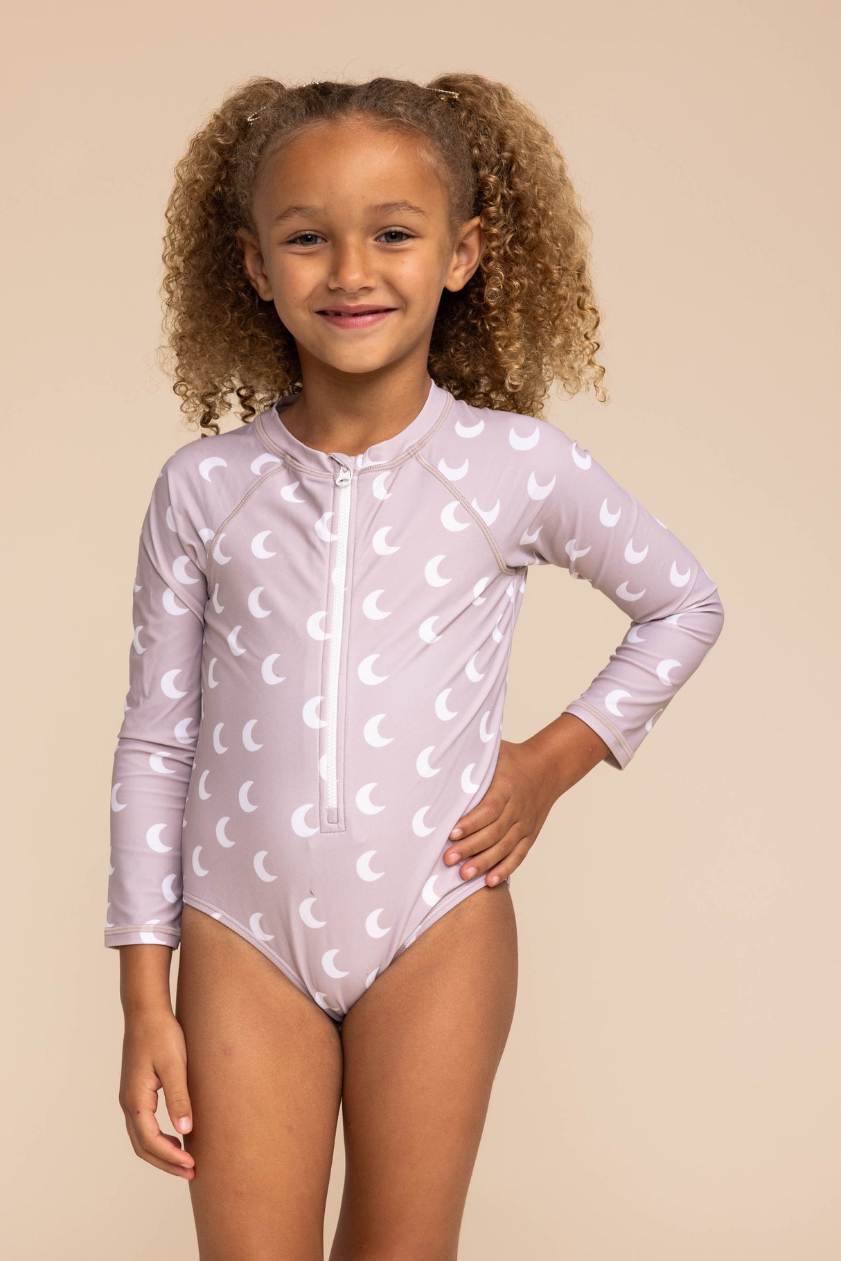 Moon print zip rashguard girl swimsuit