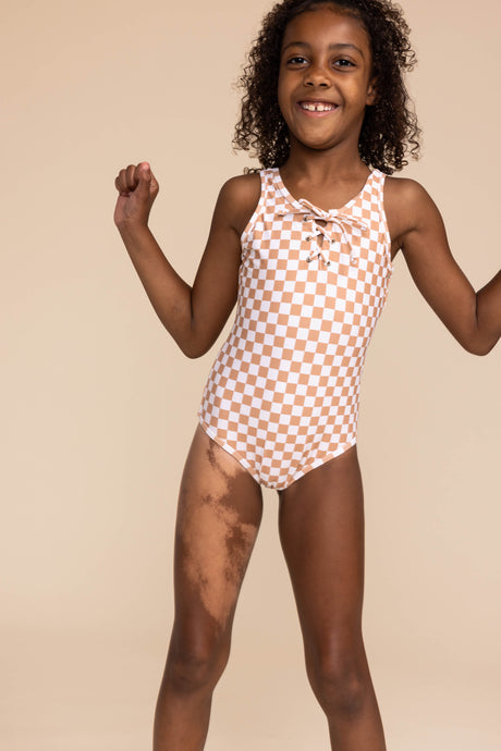 Tan plaid tie one piece girl swimsuit