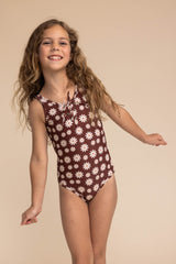 Warm brown floral print tie one piece girl swimsuit