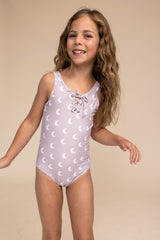 Moon print tie one piece girl swimsuit