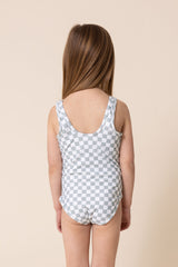 Gren plaid tie one piece girl swimsuit