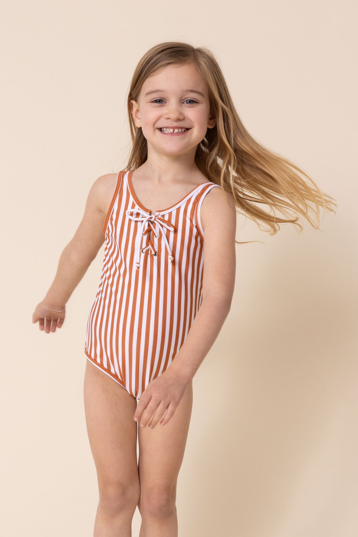 Terracotta stripe tie one piece girl swimsuit