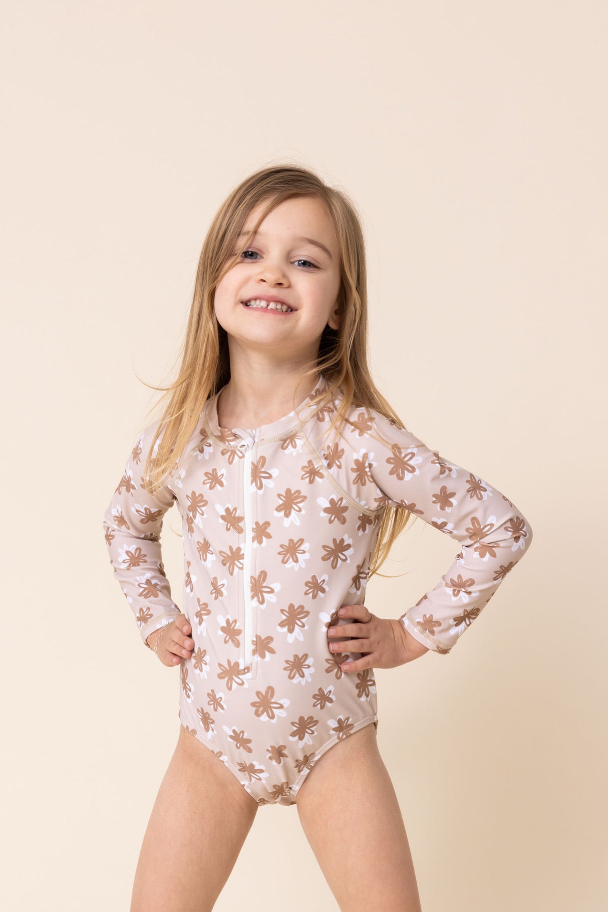 Brown floral print zip rashguard girl swimsuit Honeydew USA