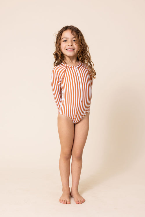 Terracotta stripe zip rashguard girl swimsuit
