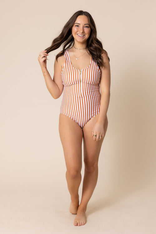 Terracotta stripe one piece women swimsuit