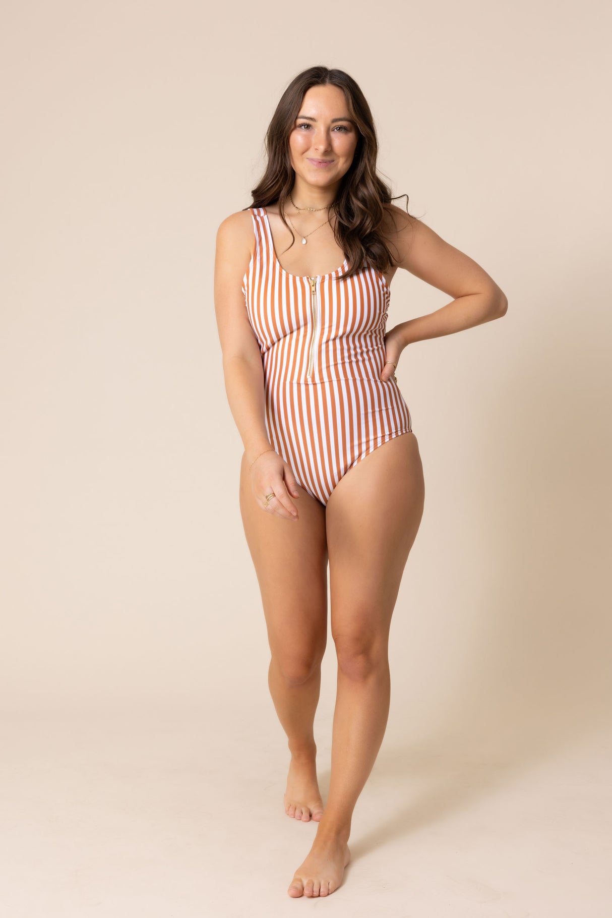 Terracotta stripe one piece women swimsuit