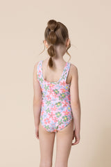 Floral print tie one piece girl swimsuit