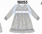 Blue Floral Bow Smocked Ruffle Dress