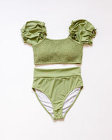 Green smocked bikini 2pc women swimsuit