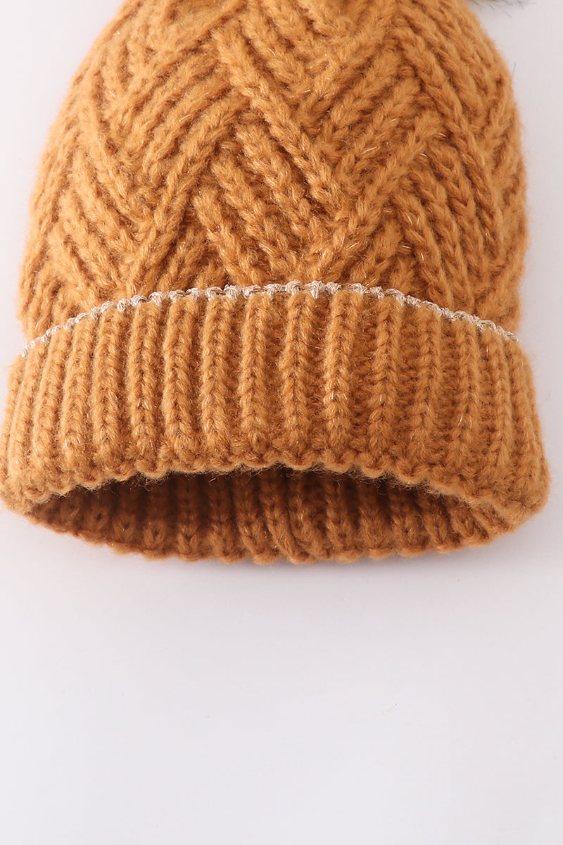 Camel cross cable knit pom pom beanie hat baby toddler adult