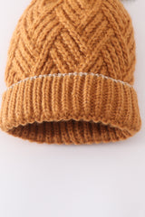 Camel cross cable knit pom pom beanie hat baby toddler adult