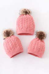 Bubblegum pink cable knit pom pom beanie hat baby toddler adult