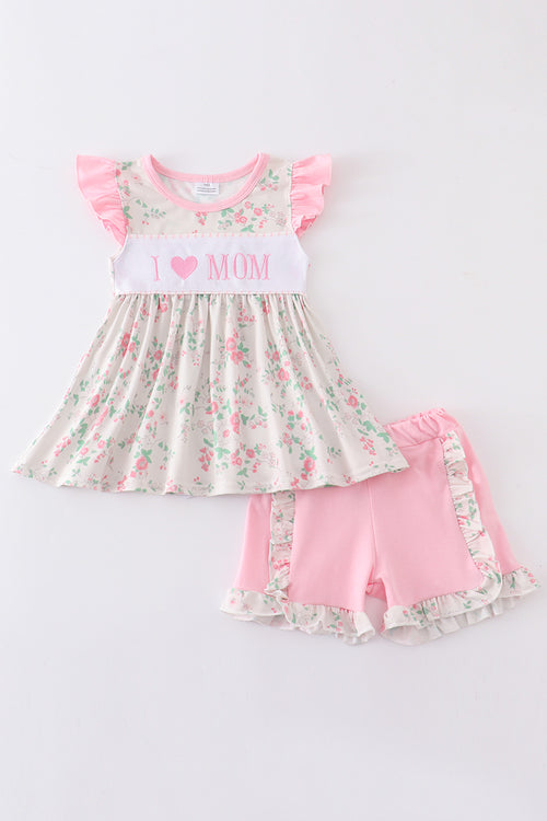 Pink floral love mom embroidery girl set